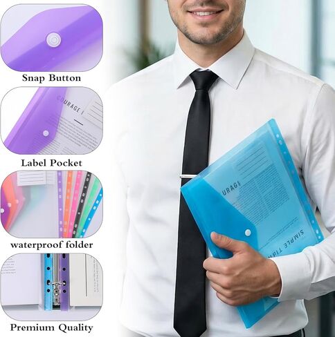 24 Pack Binder Pockets, Mixed Colors PVC Plastic Envelopes with Snap Button, 11 Holes Expandable Folders for 2/3/4 Ring Binders, Transparent Document Pouch for Office School Home Organization in Saudi Arabia