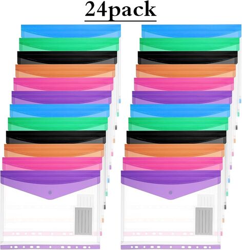24 Pack Binder Pockets, Mixed Colors PVC Plastic Envelopes with Snap Button, 11 Holes Expandable Folders for 2/3/4 Ring Binders, Transparent Document Pouch for Office School Home Organization in Saudi Arabia