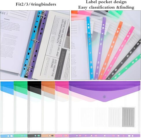 24 Pack Binder Pockets, Mixed Colors PVC Plastic Envelopes with Snap Button, 11 Holes Expandable Folders for 2/3/4 Ring Binders, Transparent Document Pouch for Office School Home Organization in Saudi Arabia