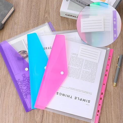 24 Pack Binder Pockets, Mixed Colors PVC Plastic Envelopes with Snap Button, 11 Holes Expandable Folders for 2/3/4 Ring Binders, Transparent Document Pouch for Office School Home Organization in Saudi Arabia
