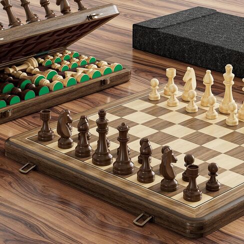 15 Inch Magnetic Wooden Chess Set, Rubberwood Folding Chessboard with Brown Dual-Sided Storage Trays, 2 Extra Queens & Dust-Proof Bag, Portable Travel Board Game(Vintage) in Saudi Arabia