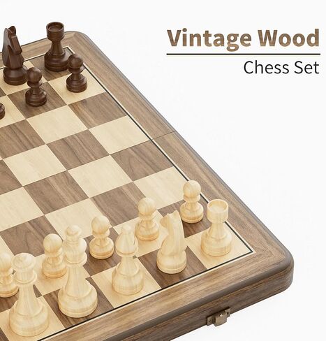 15 Inch Magnetic Wooden Chess Set, Rubberwood Folding Chessboard with Brown Dual-Sided Storage Trays, 2 Extra Queens & Dust-Proof Bag, Portable Travel Board Game(Vintage) in Saudi Arabia