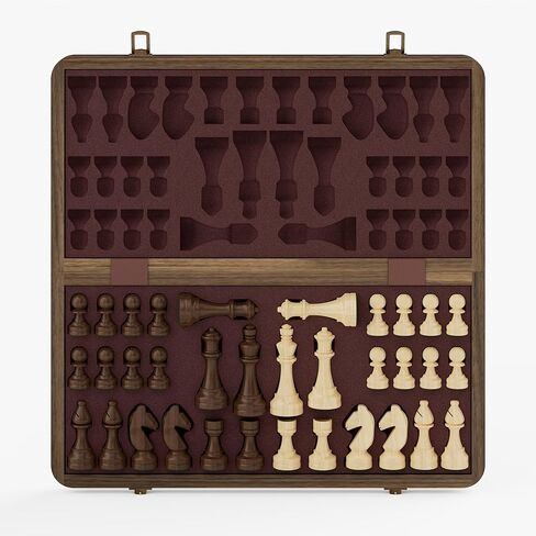 15 Inch Magnetic Wooden Chess Set, Rubberwood Folding Chessboard with Brown Dual-Sided Storage Trays, 2 Extra Queens & Dust-Proof Bag, Portable Travel Board Game(Vintage) in Saudi Arabia