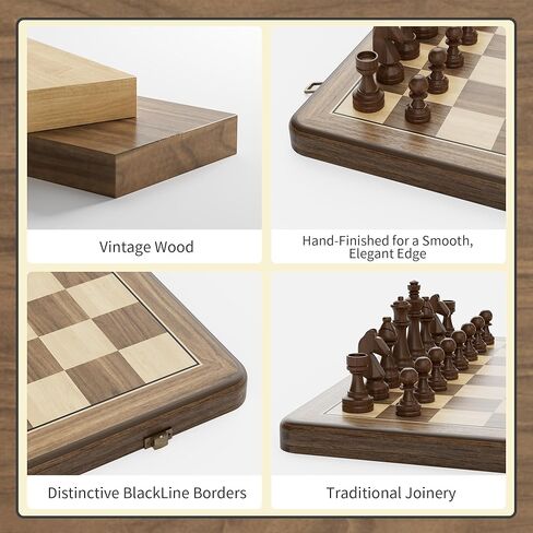 15 Inch Magnetic Wooden Chess Set, Rubberwood Folding Chessboard with Brown Dual-Sided Storage Trays, 2 Extra Queens & Dust-Proof Bag, Portable Travel Board Game(Vintage) in Saudi Arabia