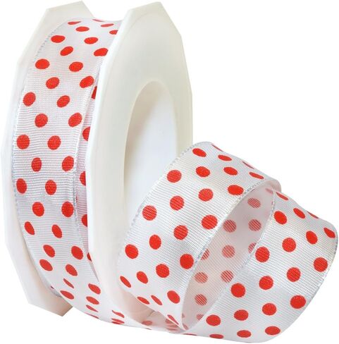 Morex Ribbon 59825/20-709 French Wired Acetate Polka Dots, 1" x 22 yd, White/Red in Kuwait
