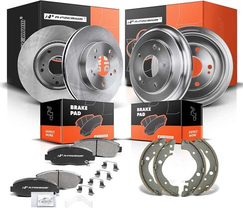 A-Premium Front Vented Disc Brake Rotors + Rear Drums + Shoes + Ceramic Pads Kit Compatible with Select Honda Models - Civic 2012 2013 2014 2015, L4 1.8L, 12-PC Set in Kuwait