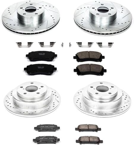 طقم فرامل أمامية وخلفية PowerStop لسيارة Subaru Impreza 2002-03 - دوارات قرصية محفورة ومشقوقة مع استبدال وسادات فرامل سيراميك من ألياف الكربون، K2371 in Kuwait