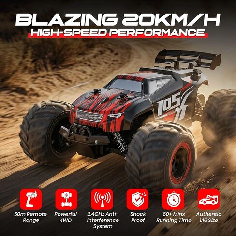 Remote Control Car, 2.4GHz high Speed 20km/H, 1:16 Scale 4 * 4 Off-Road RC Truck, High Speed All-Terrain Racing Vehicle with 2*Rechargeable Batteries, LED Lights, Gifts for Kids & Adults in Kuwait