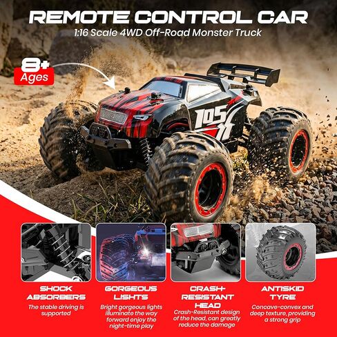 Remote Control Car, 2.4GHz high Speed 20km/H, 1:16 Scale 4 * 4 Off-Road RC Truck, High Speed All-Terrain Racing Vehicle with 2*Rechargeable Batteries, LED Lights, Gifts for Kids & Adults in Kuwait