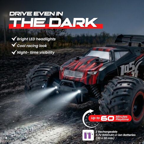 Remote Control Car, 2.4GHz high Speed 20km/H, 1:16 Scale 4 * 4 Off-Road RC Truck, High Speed All-Terrain Racing Vehicle with 2*Rechargeable Batteries, LED Lights, Gifts for Kids & Adults in Kuwait