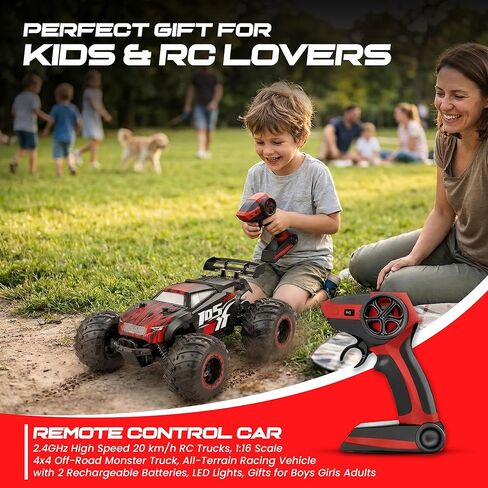 Remote Control Car, 2.4GHz high Speed 20km/H, 1:16 Scale 4 * 4 Off-Road RC Truck, High Speed All-Terrain Racing Vehicle with 2*Rechargeable Batteries, LED Lights, Gifts for Kids & Adults in Kuwait