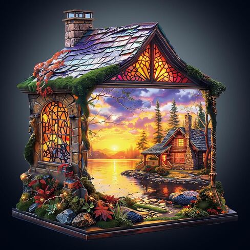 WOODBESTS Wooden Puzzles for Adults, Sunset Cottage Wooden Jigsaw Puzzle for Adults, Unique Animal Shape Wood Puzzles Adult, Xmas & Birthday Gifts for Puzzles Lovers (100 pcs, S, 8.5 * 8.3in) in Saudi Arabia