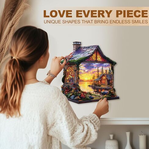 WOODBESTS Wooden Puzzles for Adults, Sunset Cottage Wooden Jigsaw Puzzle for Adults, Unique Animal Shape Wood Puzzles Adult, Xmas & Birthday Gifts for Puzzles Lovers (100 pcs, S, 8.5 * 8.3in) in Saudi Arabia