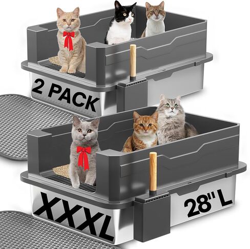 2-Pack XXXL Stainless Steel Cat Litter Boxes – Extra Large 28" L x 20" W with High Sides & Lid, Non-Stick, No Odor, Leak-Proof Metal Boxes for Large & Multiple Cats, Easy to Clean in Kuwait
