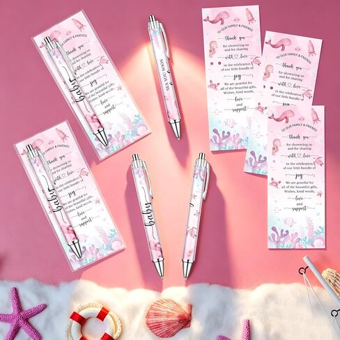 50 Sets Pink Sea You Soon Baby Shower Gifts Pens Bulk for Guests Ocean Theme Ballpoint Pens Thank You Cards Under the Sea Baby Shower Decorations for Gender Reveal Souvenir Prize in Saudi Arabia