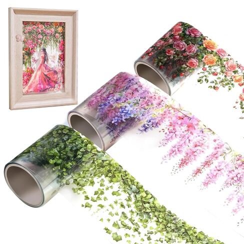 3 Rolls Floral Washi Tape Set, Colorful Rose Vine Scrapbook Tape Self-Adhesive Washi Tapes Vintage Flower Stickers for Journaling, PET Floral Tape Stickers for Scrapbooking Junk Journal Supplies in Saudi Arabia
