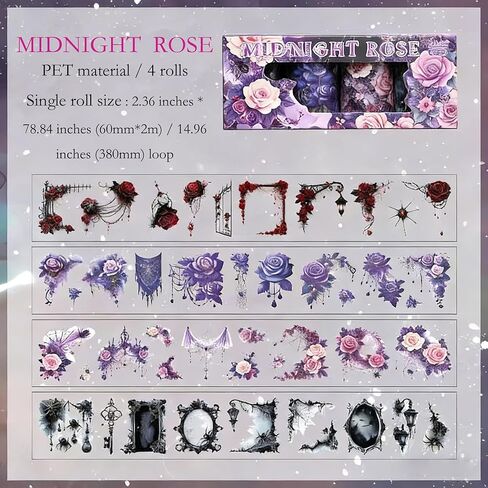 Midnight Rose Themed Pre-Cut Gothic Stickers,4 Rolls PET Washi Tape Set, PET Tape Stickers for Journaling Kit,DIY Crafts,Gift Wrapping,Scrapbooking Supplies,Planners,Party Decorations in Saudi Arabia