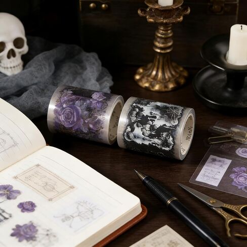 Midnight Rose Themed Pre-Cut Gothic Stickers,4 Rolls PET Washi Tape Set, PET Tape Stickers for Journaling Kit,DIY Crafts,Gift Wrapping,Scrapbooking Supplies,Planners,Party Decorations in Saudi Arabia