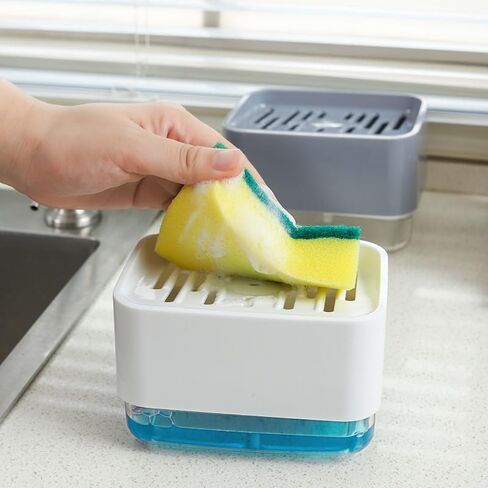 Dish Soap Dispenser and Sponge Holder for Kitchen, Detachable Liquid Soap Dispenser, Countertop 2-in-1 One Hand Sink Soap Pump Dispenser (Grey) in Saudi Arabia