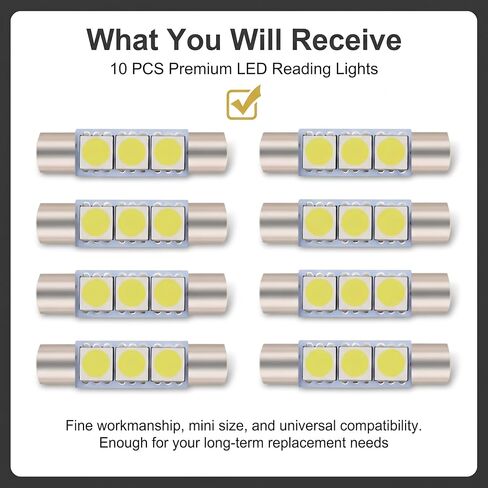 10 PCS Interior Car Lights, 28mm Dual-Tip Car Led Light Bulb, Led Bulb with 3SMD 5050 Chips, Plug and Play for Sun Visor, Dome Map, Vanity Mirror, Tail Cab, Universal for Most Cars (White) in Saudi Arabia