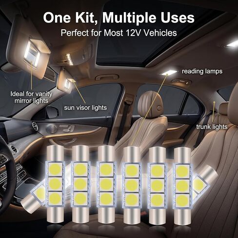 10 PCS Interior Car Lights, 28mm Dual-Tip Car Led Light Bulb, Led Bulb with 3SMD 5050 Chips, Plug and Play for Sun Visor, Dome Map, Vanity Mirror, Tail Cab, Universal for Most Cars (White) in Saudi Arabia