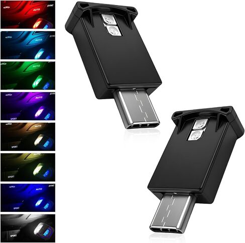 2 PCS USB Type C LED Car Ambient Light, 8 Colors RGB Vehicle Atmosphere Light with Adjustable Brightness, Mini USB Ambient Lamp Interior Decoration for Vehicle Home Office in Saudi Arabia