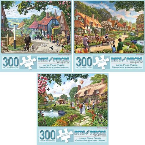 Bits and Pieces – Value Set of Three Large 300 Piece Jigsaw Puzzles for Adults – Village Life Jigsaw Puzzles by Artist Steve Crisp, Completed Puzzle Size: 18" x 24" in Kuwait