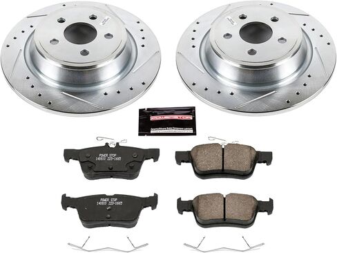 طقم فرامل خلفية PowerStop لسيارة Ford Edge 2022-24 |Lincoln MKX 2016-18 |MKZ 2017-20 - دوارات قرصية محفورة ومشقوقة مع استبدال وسادات فرامل سيراميك من ألياف الكربون، K7144 in Kuwait