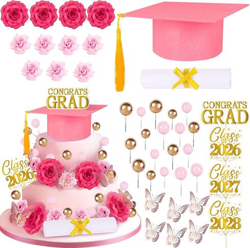 Pink Graduation Cake Decorations Class of 2026, Congrats Grad Topper Decor Kit with Cap Diploma Flowers Balls Butterflies Party Supplies in Saudi Arabia
