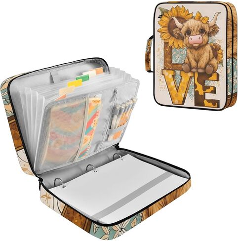 ALAZA Highland Cows Flowers Love 3 Ring Binder Bag with 7-Pocket Accordion File Organizer, Letter Size, Expandable Filing Folder Portfolio & Case Ring Binders in Kuwait
