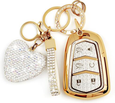 6 Buttons Key Fob Cover with Diamond Bling Keychain, Compatible with Cadillac Escalade 2015-2020, TPU Smart Key Case and Rhinestone Heart for Women (White) in Saudi Arabia