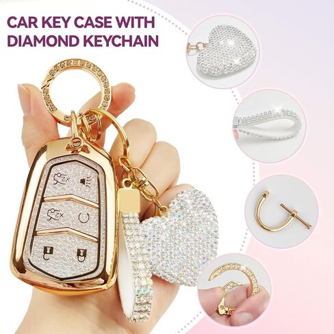 6 Buttons Key Fob Cover with Diamond Bling Keychain, Compatible with Cadillac Escalade 2015-2020, TPU Smart Key Case and Rhinestone Heart for Women (White) in Saudi Arabia