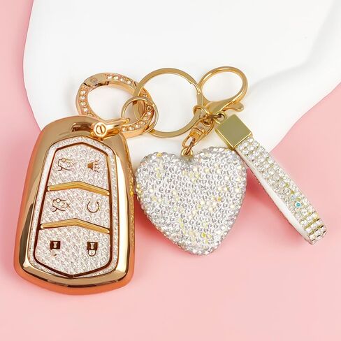 6 Buttons Key Fob Cover with Diamond Bling Keychain, Compatible with Cadillac Escalade 2015-2020, TPU Smart Key Case and Rhinestone Heart for Women (White) in Saudi Arabia