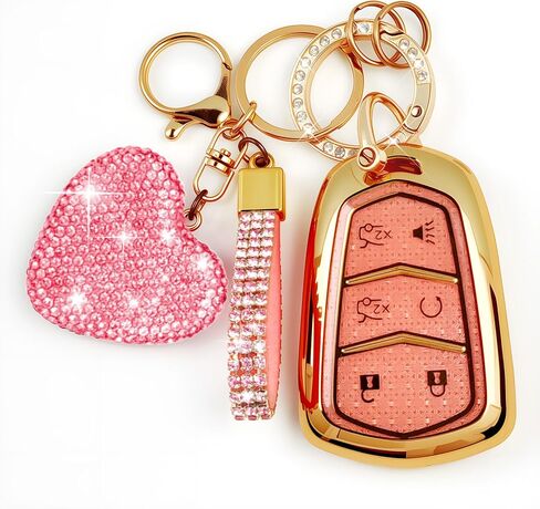 6 Buttons Key Fob Cover with Diamond Bling Keychain, Compatible with Cadillac Escalade 2015-2020, TPU Smart Key Case and Rhinestone Heart for Women (White) in Saudi Arabia