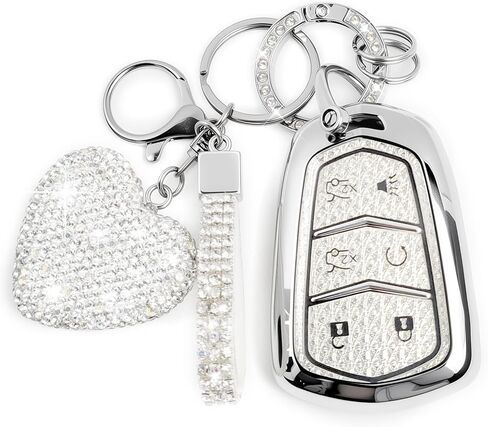 6 Buttons Key Fob Cover with Diamond Bling Keychain, Compatible with Cadillac Escalade 2015-2020, TPU Smart Key Case and Rhinestone Heart for Women (White) in Saudi Arabia