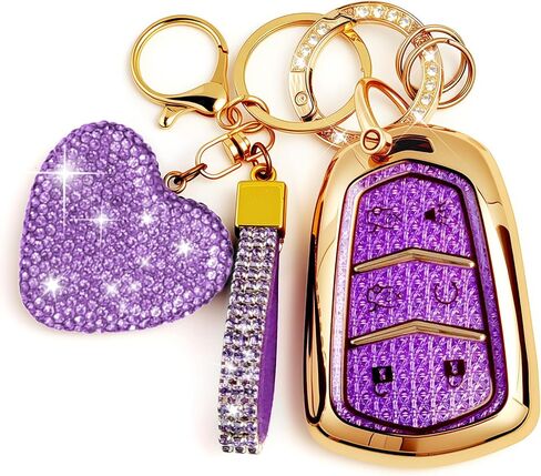 6 Buttons Key Fob Cover with Diamond Bling Keychain, Compatible with Cadillac Escalade 2015-2020, TPU Smart Key Case and Rhinestone Heart for Women (White) in Saudi Arabia