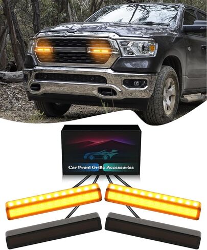 مصباح LED للشواية لـ 2025-2019 دودج رام 1500 2500 3500 ملحقات شبكة رابتور أضواء المصد الأمامي، 4 قطع (أصفر) in Kuwait