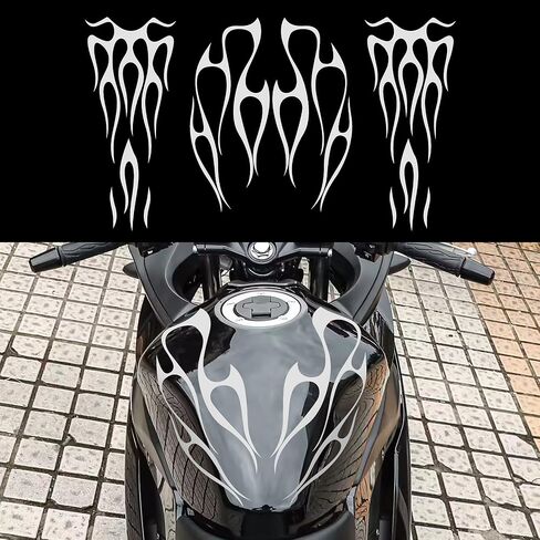 TOMALL Gas Tank Flame Vinyl Reflective Stickers for Motorcycle Car Automotive Exterior Universal Fuel Tank Fender Fire Stripes Decals Decoration Accessories (Silver-White) in Kuwait