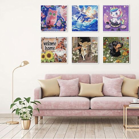 6 مجموعات من مجموعات الطلاء الماسي 5D للبالغين والأطفال، فن ماسي DIY لديكور جدار المنزل، وحيوانات لطيفة ومشاهد طبيعية بما في ذلك البومة، وحيد القرن، والجرو، والدلافين، والجنوم، والعجل، وديكور جدار المنزل 6 × 6 بوصة in Kuwait