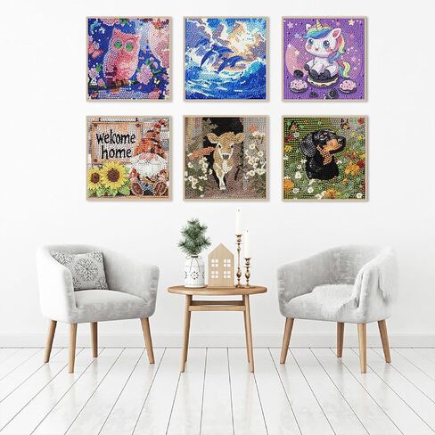6 مجموعات من مجموعات الطلاء الماسي 5D للبالغين والأطفال، فن ماسي DIY لديكور جدار المنزل، وحيوانات لطيفة ومشاهد طبيعية بما في ذلك البومة، وحيد القرن، والجرو، والدلافين، والجنوم، والعجل، وديكور جدار المنزل 6 × 6 بوصة in Kuwait