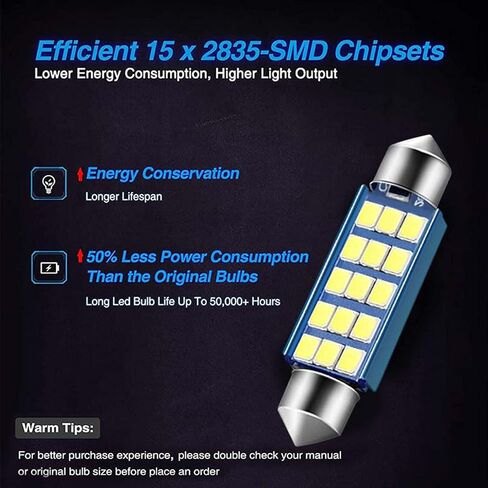 2 PCS 578 LED Bulbs Extremely Bright 1.59inch 6500K White 2835 Chipsets 400LM for LED Interior Dome Map Door Lights Bulbs 211-2 212-2 569 6411 6451 41mm 42mm (White) in Saudi Arabia
