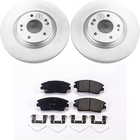 طقم فرامل أمامية PowerStop لسيارة Hyundai Elantra 2017-20 | Tucson 2016-21 |Kia Sportage 2017-22 - دوارات قرصية مطلية بالكامل مع استبدال وسادات الفرامل السيراميكية Z17، CRK7355 in Kuwait