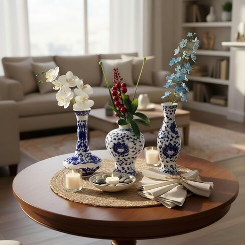 Blue and White Vase Set of 3, Cute Ceramic Bud vase in Bulk for Farmhouse Table Centerpiece Mini Vintage Vase for Rustic Wedding Decorations, Home Table Flower Decor in Saudi Arabia