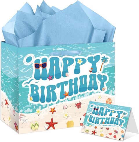 Beach Birthday Gift Bag for Kids, Boys & Girls - Ocean Seashell Themed Happy Birthday Gift Bag with Tissue Paper and Card, Blue Summer Hawaiian Bday Decorations, Baby Shower Party Supplies in Saudi Arabia