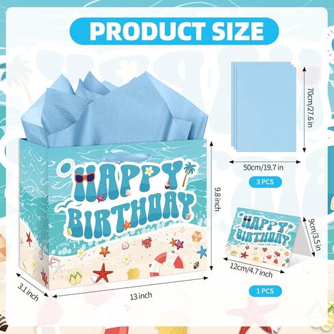 Beach Birthday Gift Bag for Kids, Boys & Girls - Ocean Seashell Themed Happy Birthday Gift Bag with Tissue Paper and Card, Blue Summer Hawaiian Bday Decorations, Baby Shower Party Supplies in Saudi Arabia