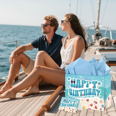 Beach Birthday Gift Bag for Kids, Boys & Girls - Ocean Seashell Themed Happy Birthday Gift Bag with Tissue Paper and Card, Blue Summer Hawaiian Bday Decorations, Baby Shower Party Supplies in Saudi Arabia