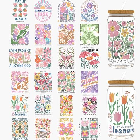 24pcs Boho Floral UV DTF Cup Wrap,UV DTF Cup Wraps for 16 oz,Glasses,Tables,Chairs,Computers,High Viscosity UV DTF Transfer Paper in Saudi Arabia
