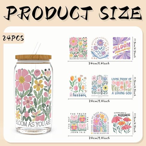 24pcs Boho Floral UV DTF Cup Wrap,UV DTF Cup Wraps for 16 oz,Glasses,Tables,Chairs,Computers,High Viscosity UV DTF Transfer Paper in Saudi Arabia