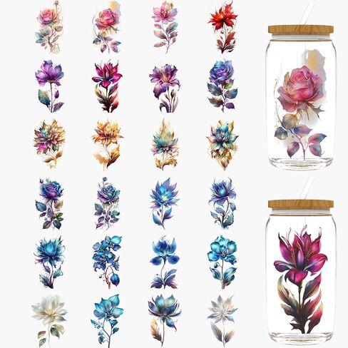 24pcs Boho Floral UV DTF Cup Wrap,UV DTF Cup Wraps for 16 oz,Glasses,Tables,Chairs,Computers,High Viscosity UV DTF Transfer Paper in Saudi Arabia