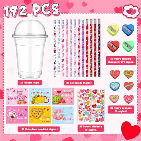 Pasimy 32 Pack Valentines Day Gifts for Kids Classroom School Assorted Valentine's Day Stationery Set with Cup Card Pencil Eraser Sticker Valentines Kids Party Favors Gift Exchange Prize Boy and Girl in Saudi Arabia